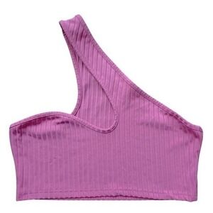 Womens One Shoulder Ribbed Crop Top Pink Size L‎ Polyester Elastane